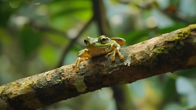 Een kikker die rust op een boomtak in een dichte jungle