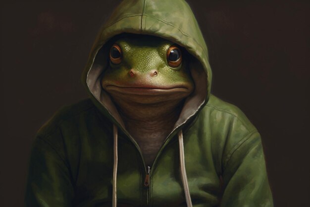 Foto een kikker in een hoodie met een hoodie waarop kikker staat