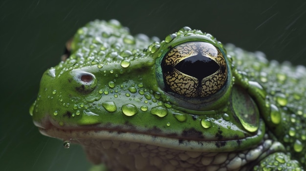 Een kikker met een groen kikkeroog en een druppel water op zijn gezicht