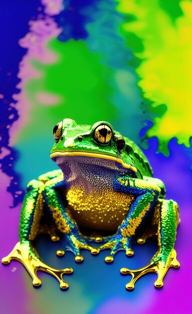 Foto een kikker met een kleurrijk shirt en een kleurrijke achtergrond