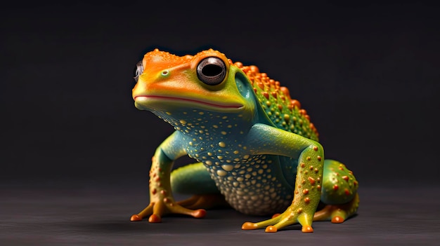 Een kikker met een rood en blauw lichaam en een geel lichaam met een rode vlek bovenop.