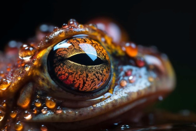 Een kikker met een rood oog en een zwarte achtergrond