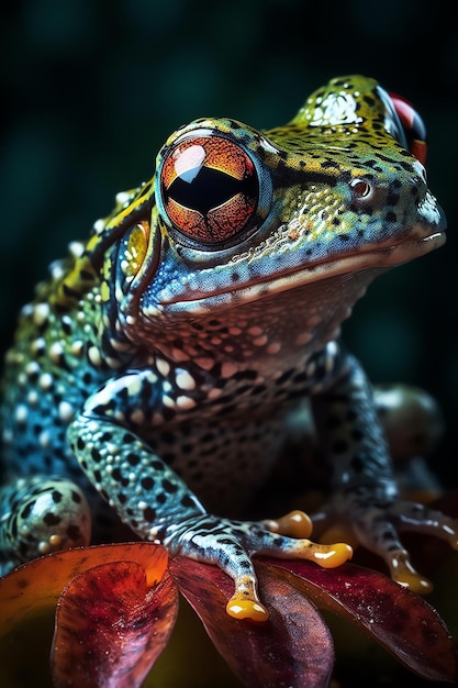 Een kikker met een rood oog zit op een appel.