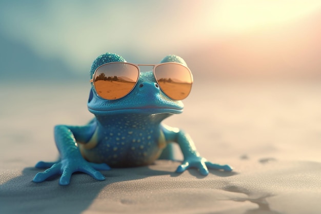 Een kikker met een zonnebril zit op een strand terwijl de zon weerkaatst op zijn zonnebril