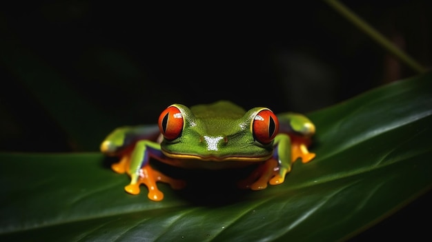 Een kikker met oranje ogen zit op een blad.