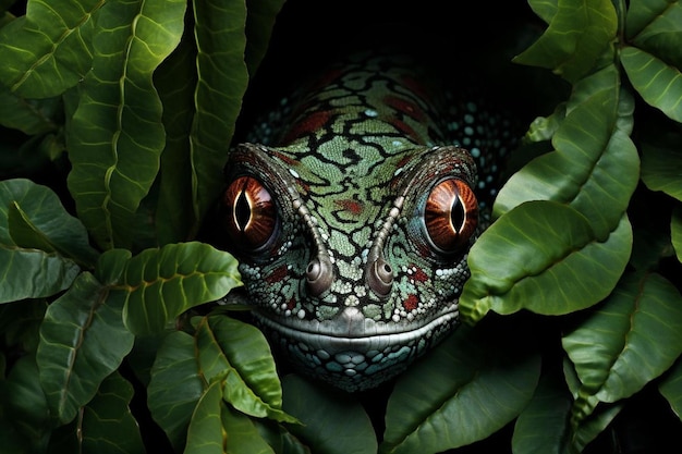 Een kikker met rode ogen en groene bladeren.