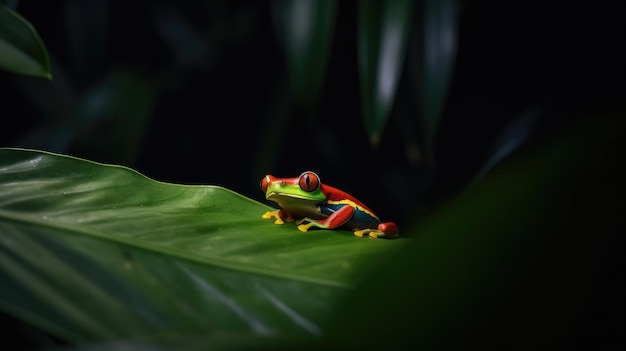 Een kikker zit op een blad in de jungle.