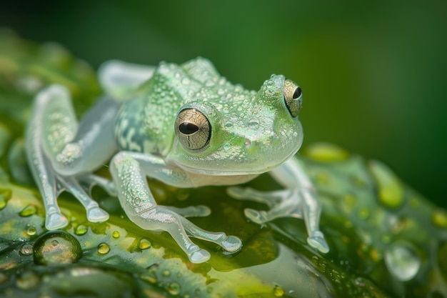 Foto een kikker zit op een blad met waterdruppels