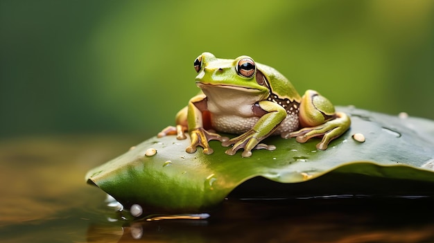 een kikker zit op een blad op het water