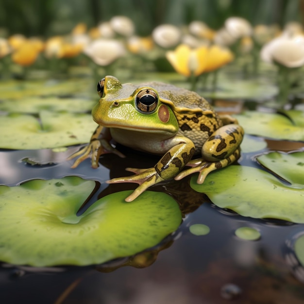 Een kikker zit op een lelieblad met een gele en zwarte vlek op de bodem.