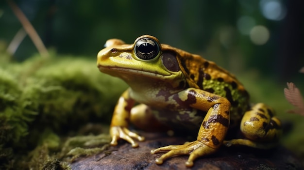 Een kikker zit op een rots met een groene achtergrond.