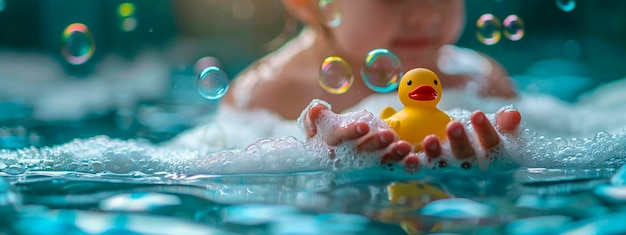 Een kind badt in een bubbelbad met een eend Selectieve focus