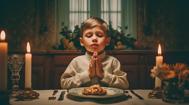 Een kind bidt voor voedsel op een tafel in een eetkamer