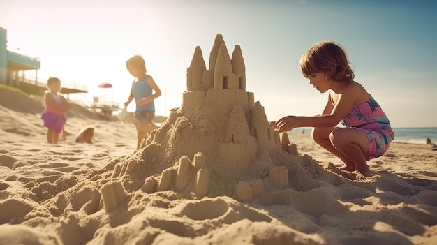 Een kind bouwt een zandkasteel op een strand