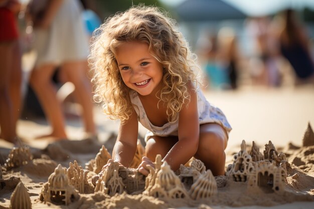 een kind bouwt een zandkasteel op het strand en de zee achtergrond voor plezier en schattig ontwerp