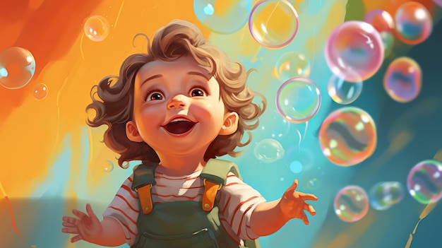 Een kind dat bellen blaast en lacht van vreugde tegen een kleurrijke achtergrond