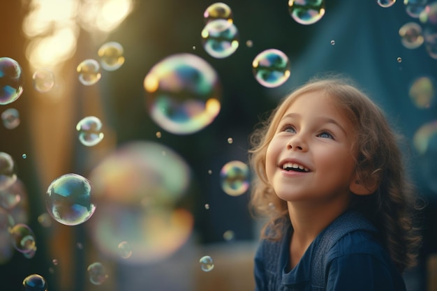 Een kind dat bellen blaast en ze met een grote glimlach in de lucht ziet zweven Kinderdag