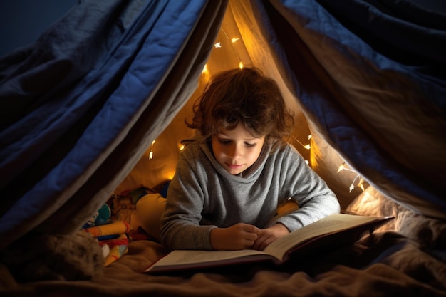 Een kind dat een boek leest onder een dekenfort met een zaklamp
