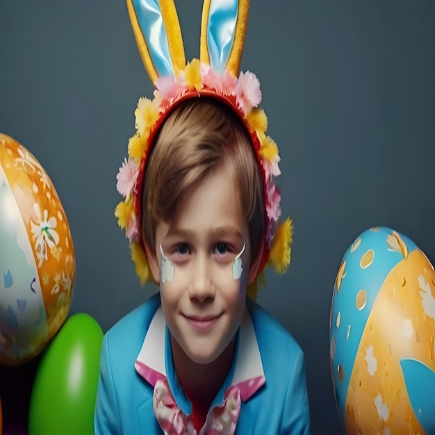 een kind dat een konijnhoed draagt met paaseieren erop