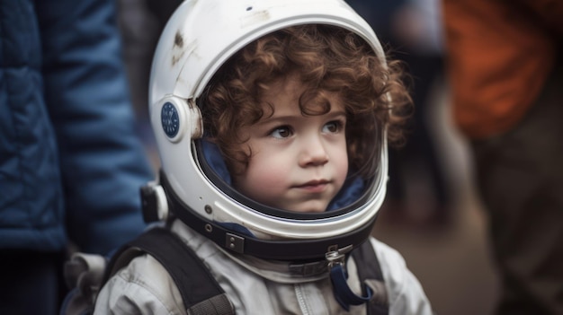 Een kind dat een ruimtepak draagt met het woord ruimte erop