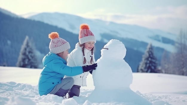 Een kind dat een sneeuwpop maakt Een kind dat een sneeuwpop maakt Familieplezier in de buitenlucht tijdens de kerstvakantie in de bergen met jongens en meisjes die in de sneeuw spelen GENERATE AI