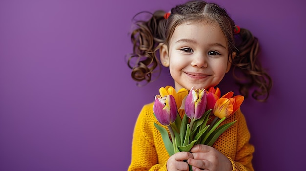 Een kind dat gelukkig een boeket tulpen vasthoudt