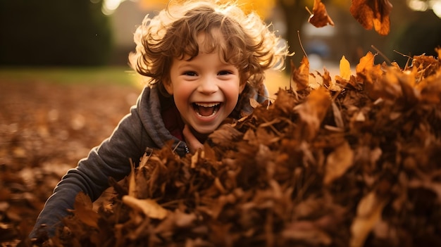 Een kind dat in een stapel bladeren speelt