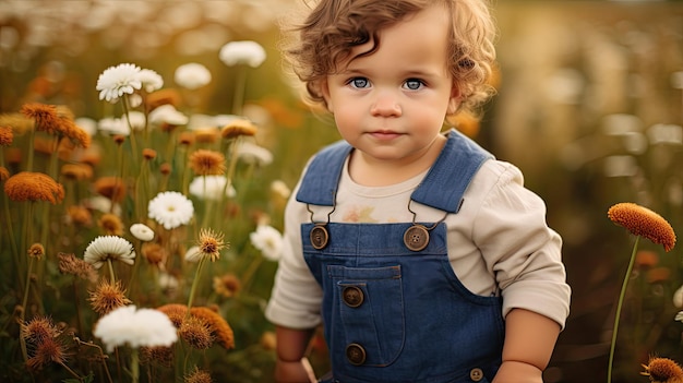 een kind dat in een veld van bloemen staat