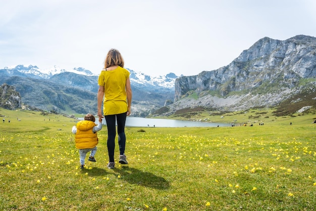 Een kind dat in het voorjaar zijn eerste stappen zet in het Ercina-meer met gele bloemen in de meren van Covadonga Asturias, Spanje