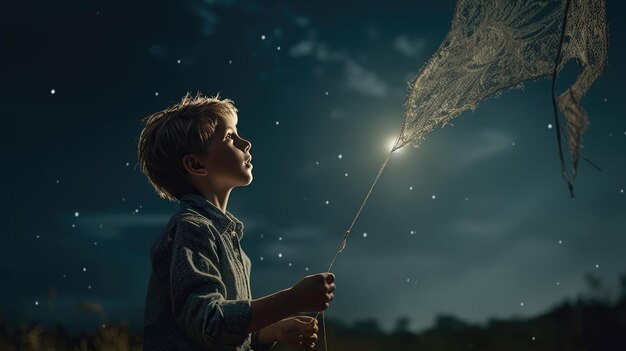 Een kind dat midden in de nacht met een lamp speelt