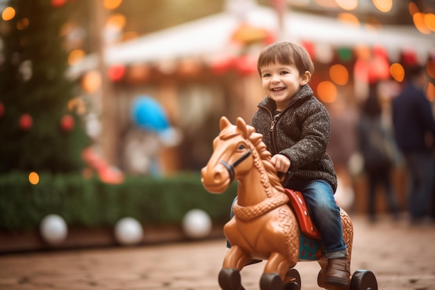 Een kind dat op een speelgoedpaard rijdt met een grote glimlach op zijn gezicht Kinderdagspeelgoed