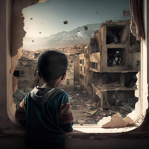 Een kind dat uit een raam kijkt met een foto van een man aan de muur.