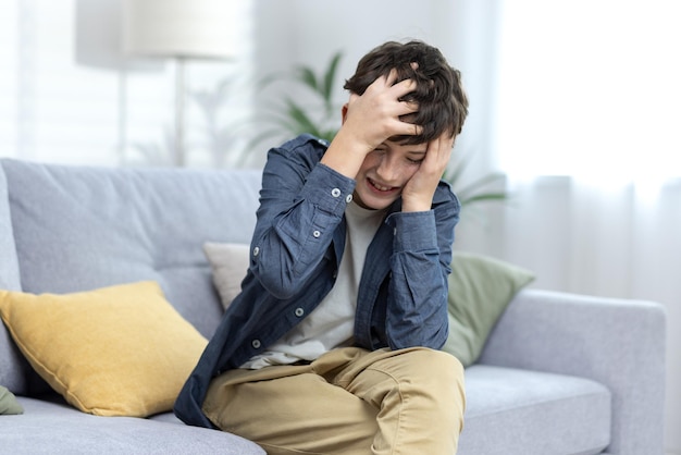 Een kind een jongen een tiener zit alleen thuis op de bank en houdt zijn hoofd in zijn handen vast