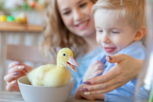 Een kind en een klein geel eendje tijdens de traditionele lentevakantie Pasen