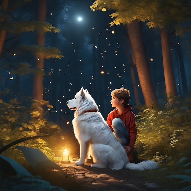 Een kind en een witte grote hond delen een warme vriendschap in een bos's nachts met vuurvliegjes hun