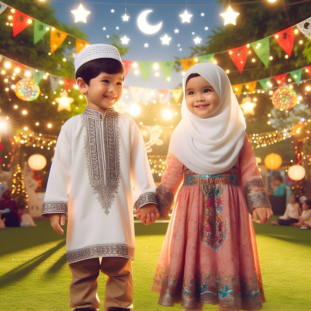 Een kind geniet van de vreugde van Eid met een ander kind