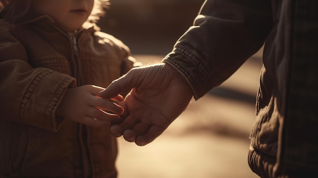 Foto een kind houdt de hand van een man vast.