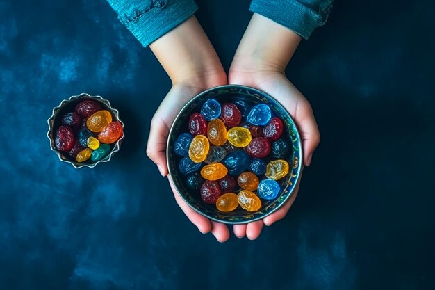 Een kind houdt een kom met blauw gummy-snoep vast