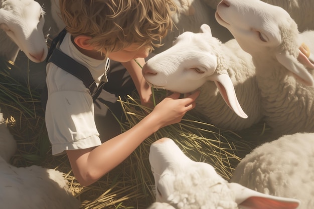 Een kind houdt gras in zijn hand en voedt de schapen op de boerderij