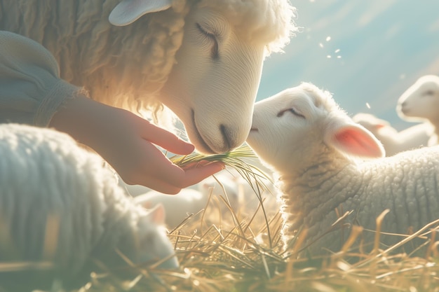 Een kind houdt gras in zijn hand en voedt de schapen op de boerderij