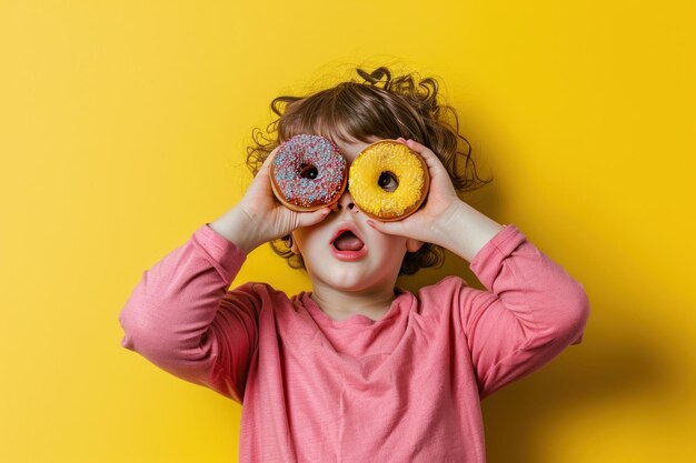 Foto een kind houdt twee donuts vast en beschermt ze over zijn ogen