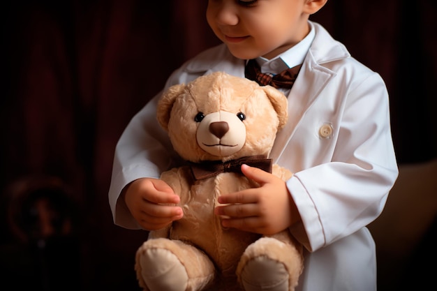 Een kind in dokterspak behandelt zijn teddybeer Toekomstige dokter