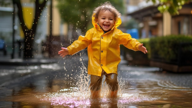 Een kind in een gele regenjas springt in een plas