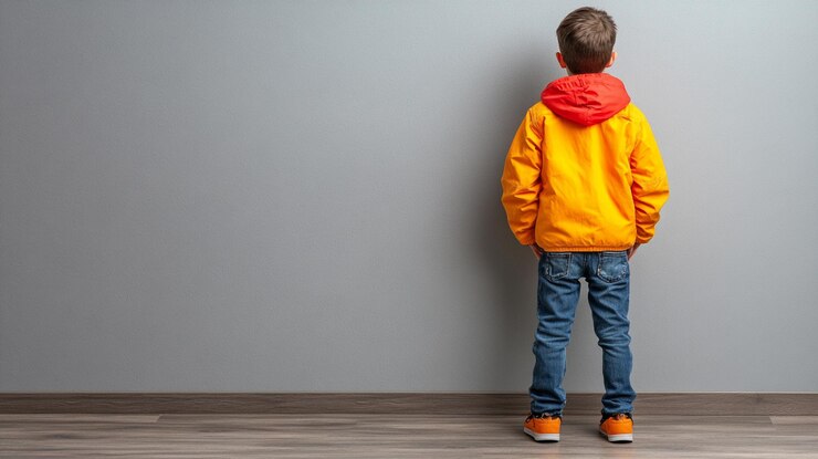 Een kind in een helder oranje jas staat tegen een grijze muur in een eenvoudige binnenomgeving