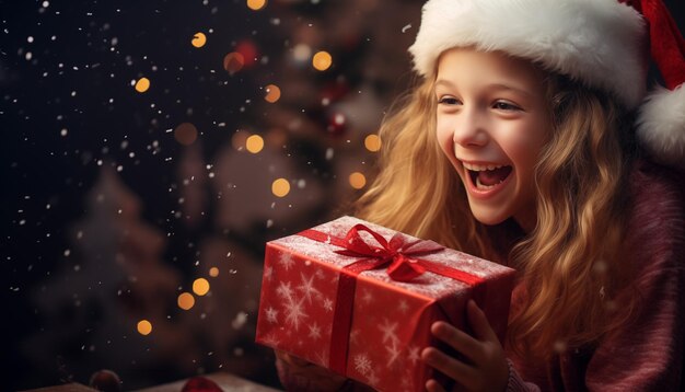 Foto een kind in een kerstman hoed opent een kerstcadeau beroemdheid foto's