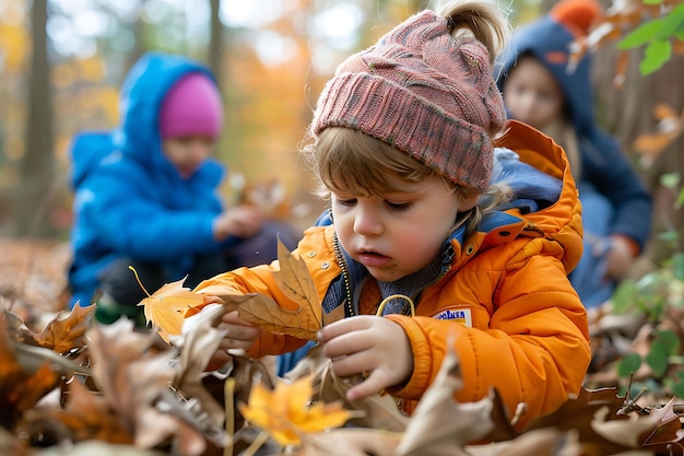 Foto een kind in een oranje jasje dat met bladeren speelt