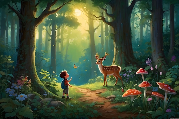 Foto een kind in het bos met een hert en een hert in het bos