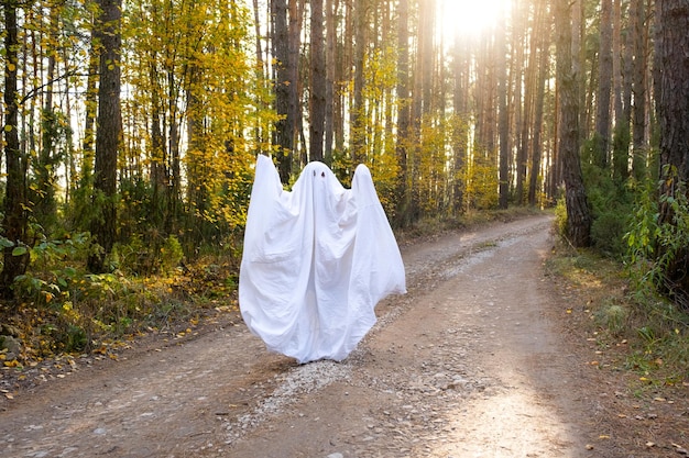 Een kind in lakens met uitsnijding voor ogen als een spookkostuum in een herfstbos schrikt en beangstigt Een aardig klein grappig spook Halloween-feest