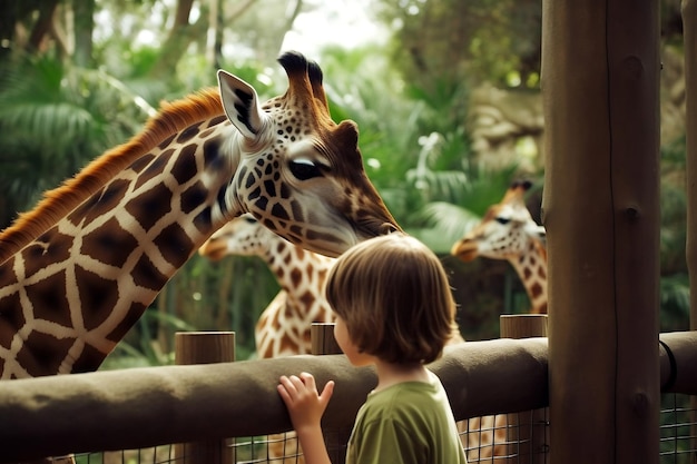 Foto een kind kijkt door een hek naar een giraf gemaakt door generative ai