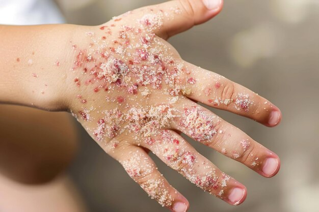 Foto een kind krabt aan de hand een rode hobbelige huiduitslag ongemak en irritatie veroorzaakt door dermatitis